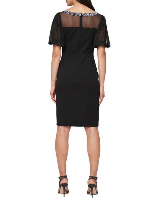 Alex Evenings Black Embellished Illusion Neck Crepe Sheath Cocktail Dress