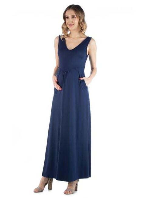 24seven Comfort Apparel Blue Maternity Maxi Sleeveless Dress With Pockets