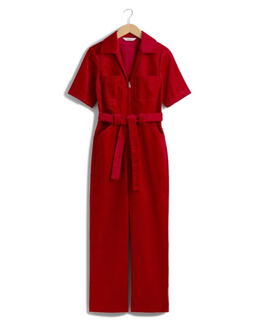 & Other Stories Red & Zip Front Corduroy Jumpsuit