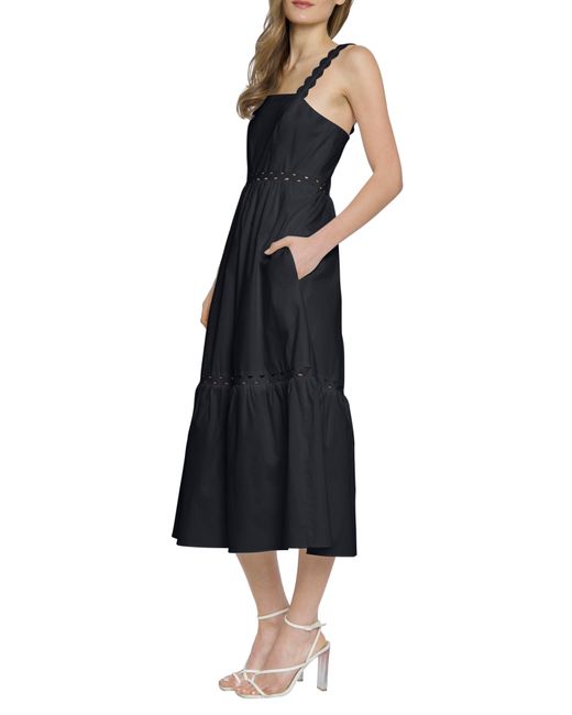 DONNA MORGAN FOR MAGGY Black Sleeveless Tiered Stretch Poplin Midi Dress