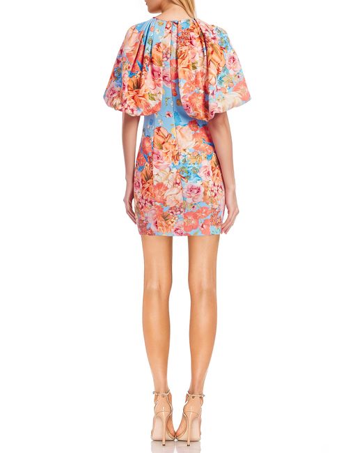 Badgley Mischka Red Floral Pleated Puff Sleeve Cocktail Minidress