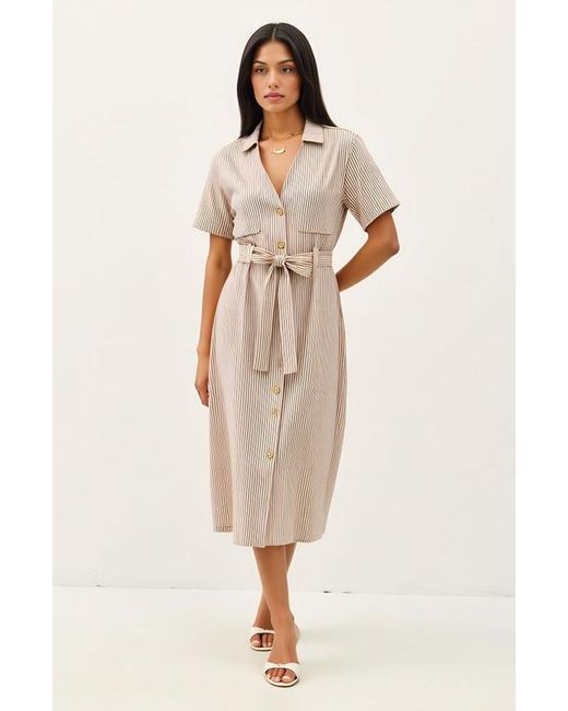 Modenaire Natural Striped Button-Down Midi Dress With Waist Tie And Collared Neckline