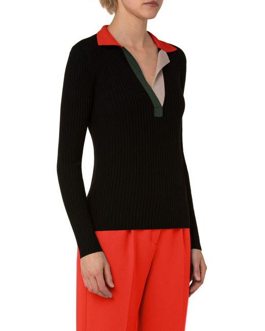 Akris Punto Tricolor Collar Rib Merino Wool Polo Sweater in Black | Lyst