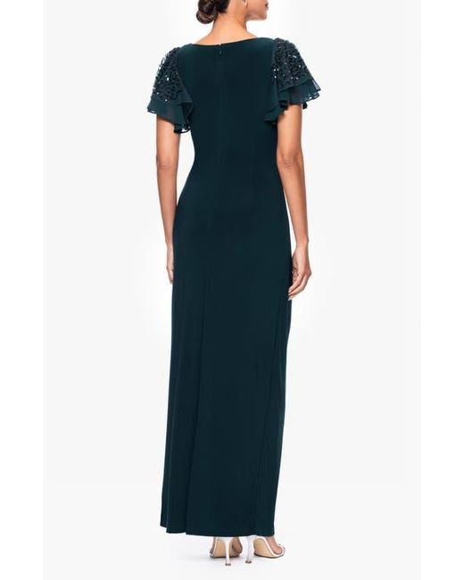 B & A By Betsy & Adam Women's Plus Size Embellished Flutter-Sleeve Gown Navy Size Small Petite