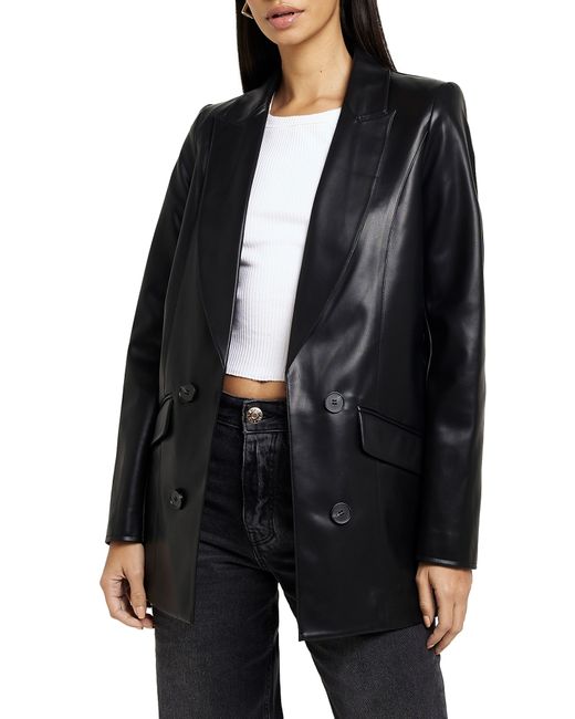 River Island Black Double Breasted Faux Leather Blazer