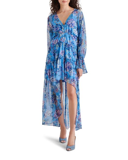 Steve Madden Blue Sol Floral Long Sleeve High-low Chiffon Dress