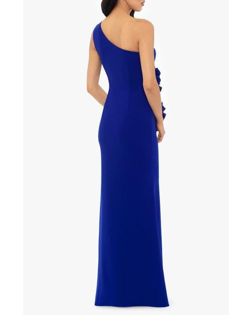 Betsy & Adam Blue Rosette One-Shoulder Trumpet Gown