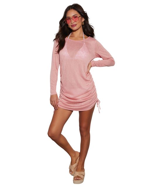 Vici Collection Pink Soliel Ruched Long Sleeve Cover-up Minidress