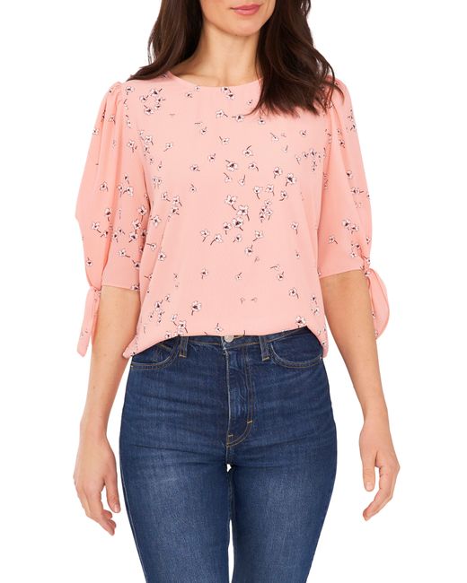 Cece Red Floral Print Tie Sleeve Blouse