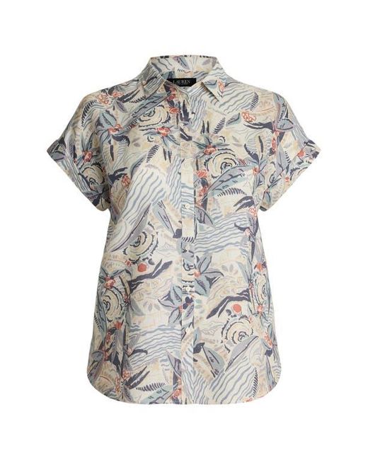 Ralph Lauren Gray Beach Print Relaxed Fit Short Sleeve Linen Button-Up Shirt
