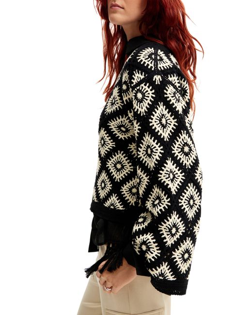Desigual Black Jers Willow Granny Square Crochet Sweater