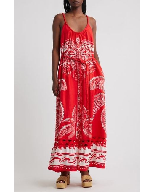 Farm Rio Red Majestic Coconut Tree Linen Blend Midi Dress