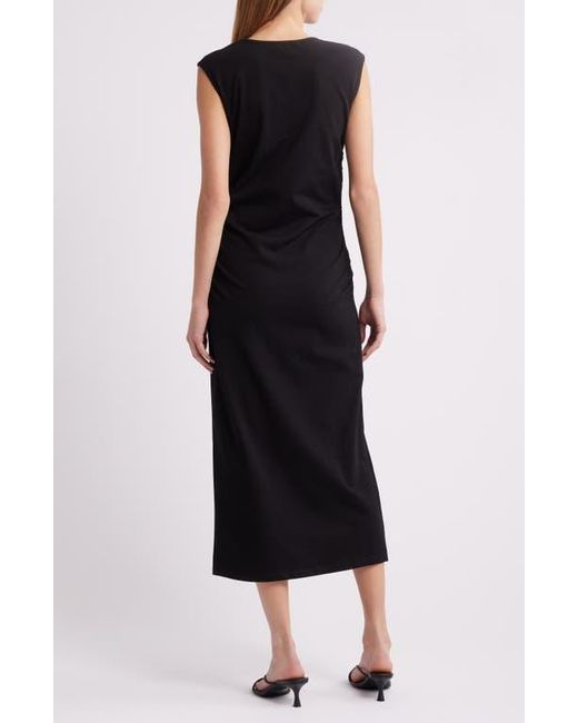 Charles Henry Black Ruched Sleeveless Stretch Cotton Midi Dress