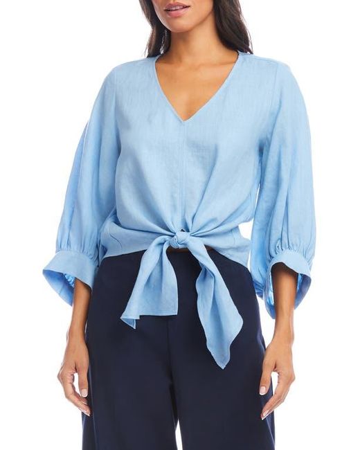 Karen Kane Blue Tie Front Linen Top
