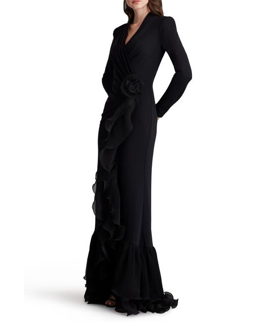 Tadashi Shoji Black Side Ruffle Long Sleeve High-low Gown