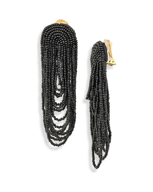 Oscar de la Renta Black Beaded Double Curtain Clip-On Drop Earrings