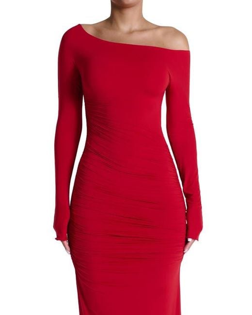 Naked Wardrobe Ruched Off The Shoulder Long Sleeve Maxi Dress in Red | Lyst