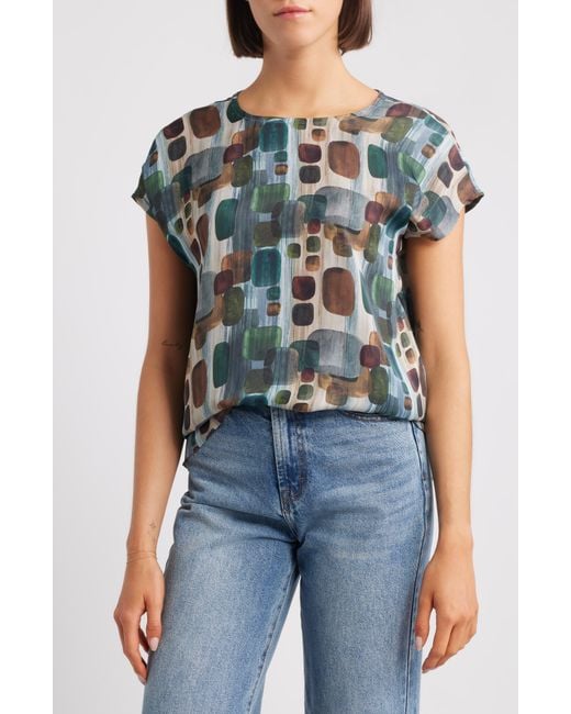 Apny Blue Geometric Print Cap Sleeve Shell