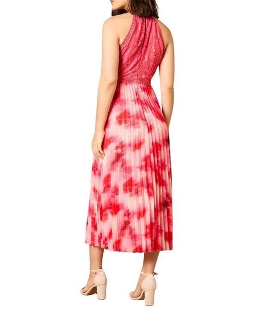 Oasis Red Printed Lace Mix Halterneck Midi Dress