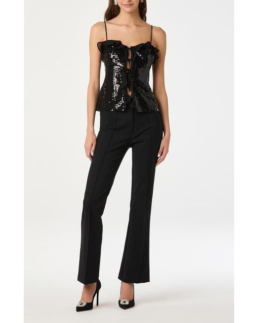 Astr Black Sequin Ruffle Trim Tie Front Top