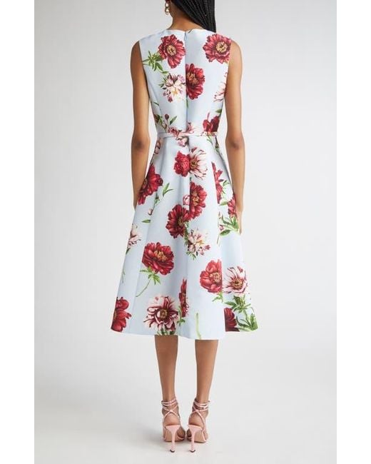 Oscar de la Renta White Peony Print Sleeveless Faille Fit & Flare Dress