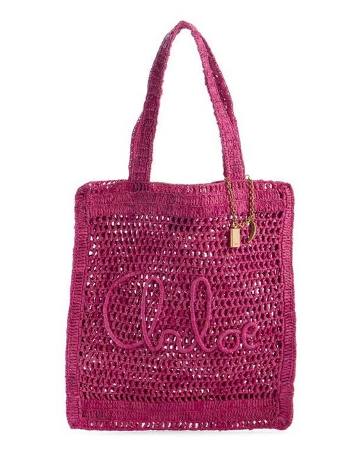 Chloé Pink Summer Banana Crochet Raffia Tote Bag