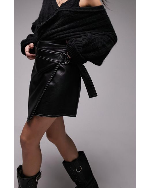 TOPSHOP Black Leather Look Belt Wrap Stitch Detail Mini Skirt