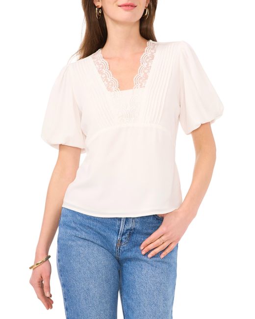 Vince Camuto White Lace Pintuck Puff Sleeve Top