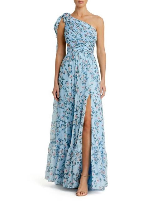 Mac Duggal Blue One-Shoulder Floral Chiffon A-Line Gown