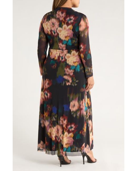 Anne Klein Women's Black Blurred Floral Twist Front Long Sleeve Mesh Maxi  Dress