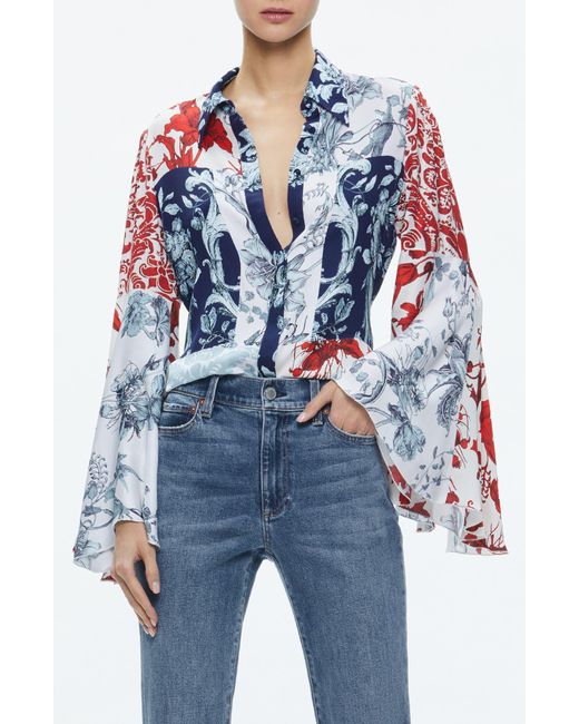 Alice + Olivia Blue Alice + Olivia Willa Mixed Floral Bell Sleeve Satin Top