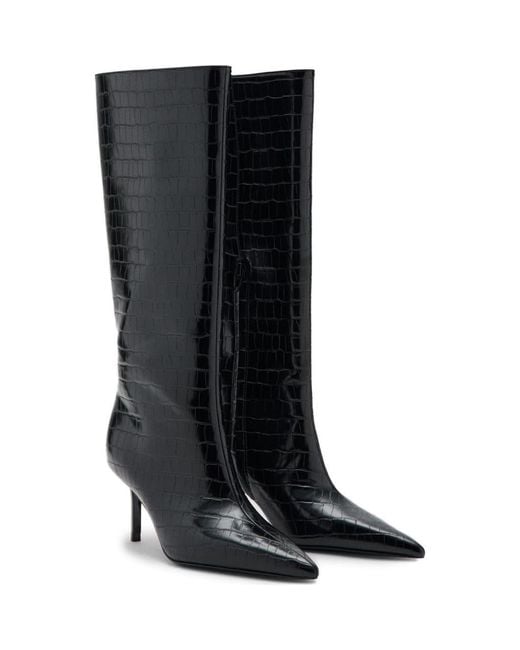 Mango Black Croc Embossed Knee High Pointed Toe Boot
