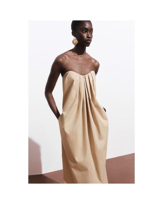 Mango Strapless Pleat Front Dress in Natural | Lyst