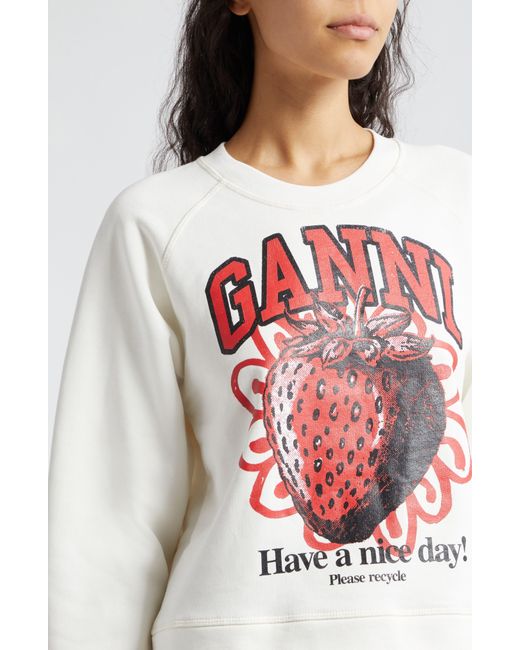 Ganni White Isoli Strawberry Raglan Sleeve Organic Cotton Sweatshirt
