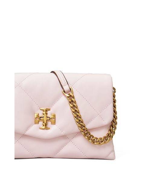 Tory Burch Pink Kira Diamond Quilted Leather Wallet On A Chain