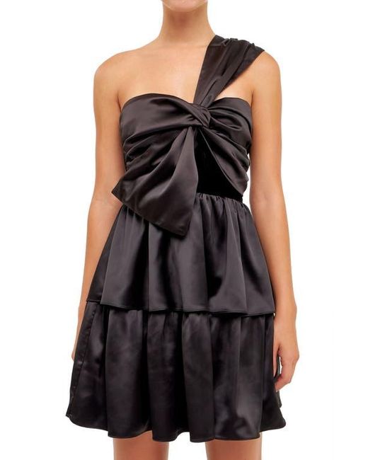 Endless Rose Black Velvet Contrast Satin Bow Tie One-Shoulder Minidress