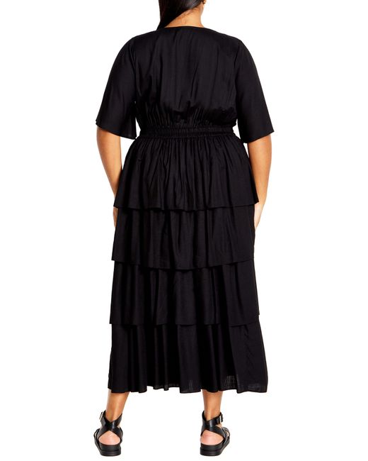 City Chic Black Ana Tie Front Tiered Midi Dress