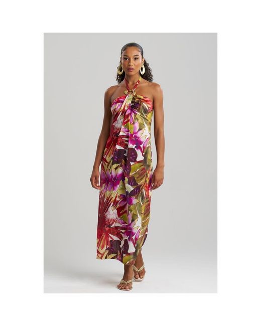 Natori Red Rainforest Maxi Cover-Up Halter Dress With Brass Ring