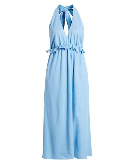 Charles Henry Blue Ruffle Halter Linen Blend Midi Dress