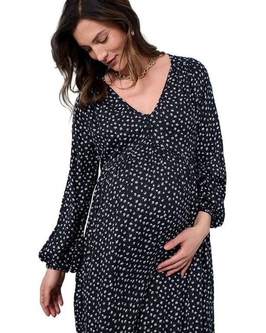 Motherhood Maternity Blue Long Sleeve Button Front Maternity Midi Dress