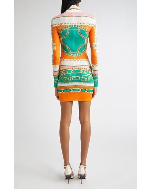 Balmain Green Foulard Print Long Sleeve Body-Con Minidress