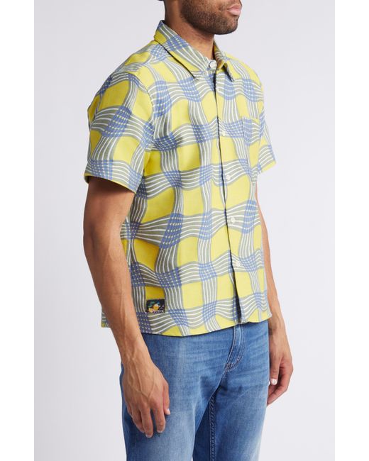 Percival Yellow Sunshine Twister Warped Check Short Sleeve Cotton & Silk Button-up Shirt for men