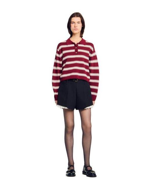 Sandro Red Wool Striped Polo Sweater