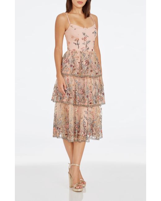 Dress the Population Natural Loretta Floral Embroidery Midi Cocktail Dress