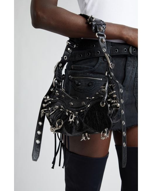 Balenciaga Black Extra Small Le Cagole Spikes Lambskin Leather Shoulder Bag