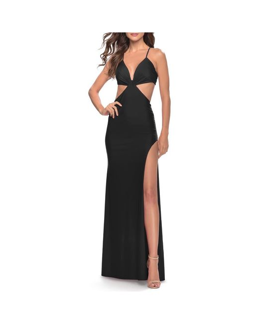 La Femme Black Jersey Prom Dress With Side Cut Outs And Tie Back