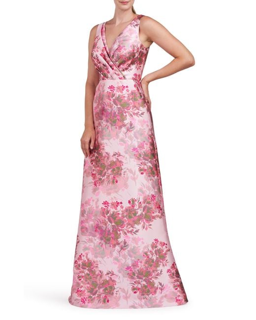 Kay Unger Pink Opal Floral Pleated Surplice V-neck Satin Gown