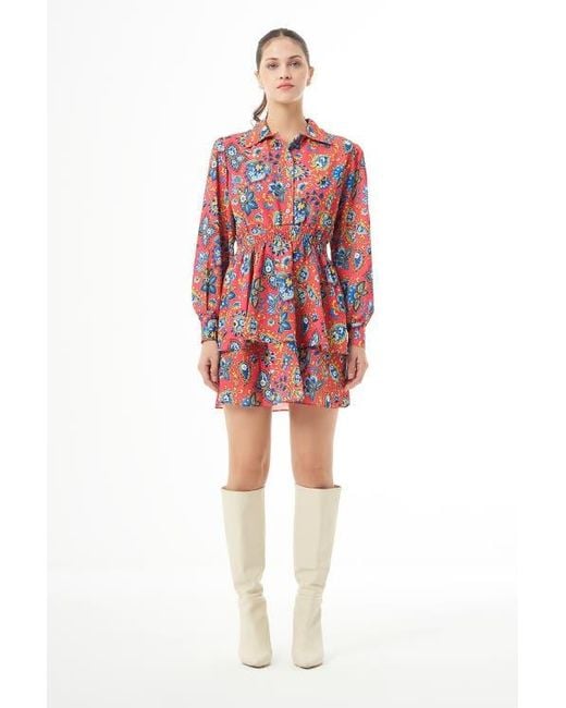 Mizalle Long Sleeve Flowy Mini Dress in Red | Lyst