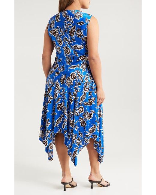 MELLODAY Blue Floral Print Ruched Handkerchief Hem Dress