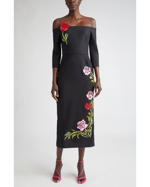 Oscar de la Renta Black Mosaic Rose Embroidered Off The Shoulder Midi Dress